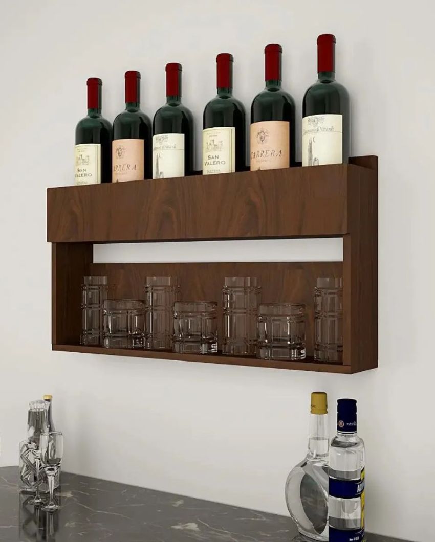 Elegant Wood Walnut Finish Bar Wall Shelf Without Backlit | 24 X 13 inches