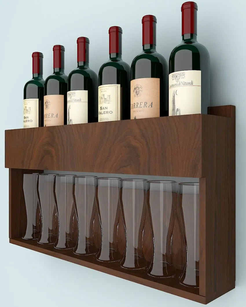 Elegant Wood Walnut Finish Bar Wall Shelf Without Backlit | 24 X 13 inches