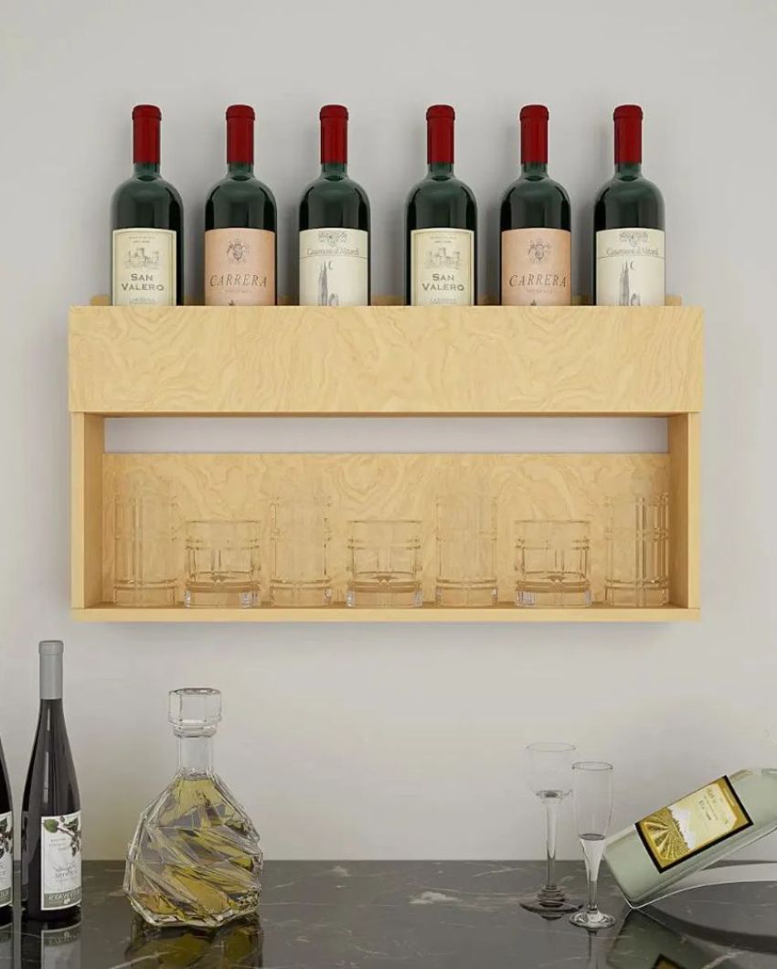 Sophisticated Oak Finish Wooden Bar Wall Shelf Without Backlit | 24 X 13 inches