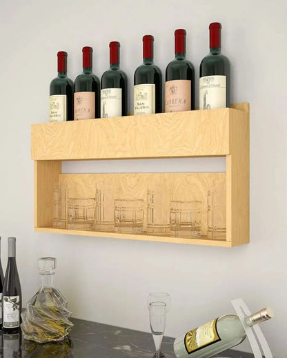 Sophisticated Oak Finish Wooden Bar Wall Shelf Without Backlit | 24 X 13 inches