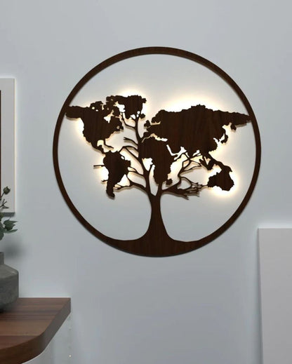 Walnut World Map Mdf Tree Backlit For Indoor Wall Decoration