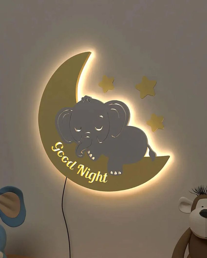 Sleeping Baby Elephent Over The Moon Wooden Wall Backlit For Kids Room Decor