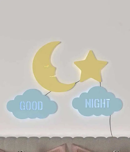 Good Night Moon & Star Wooden Wall Backlit For Kids Room Decor