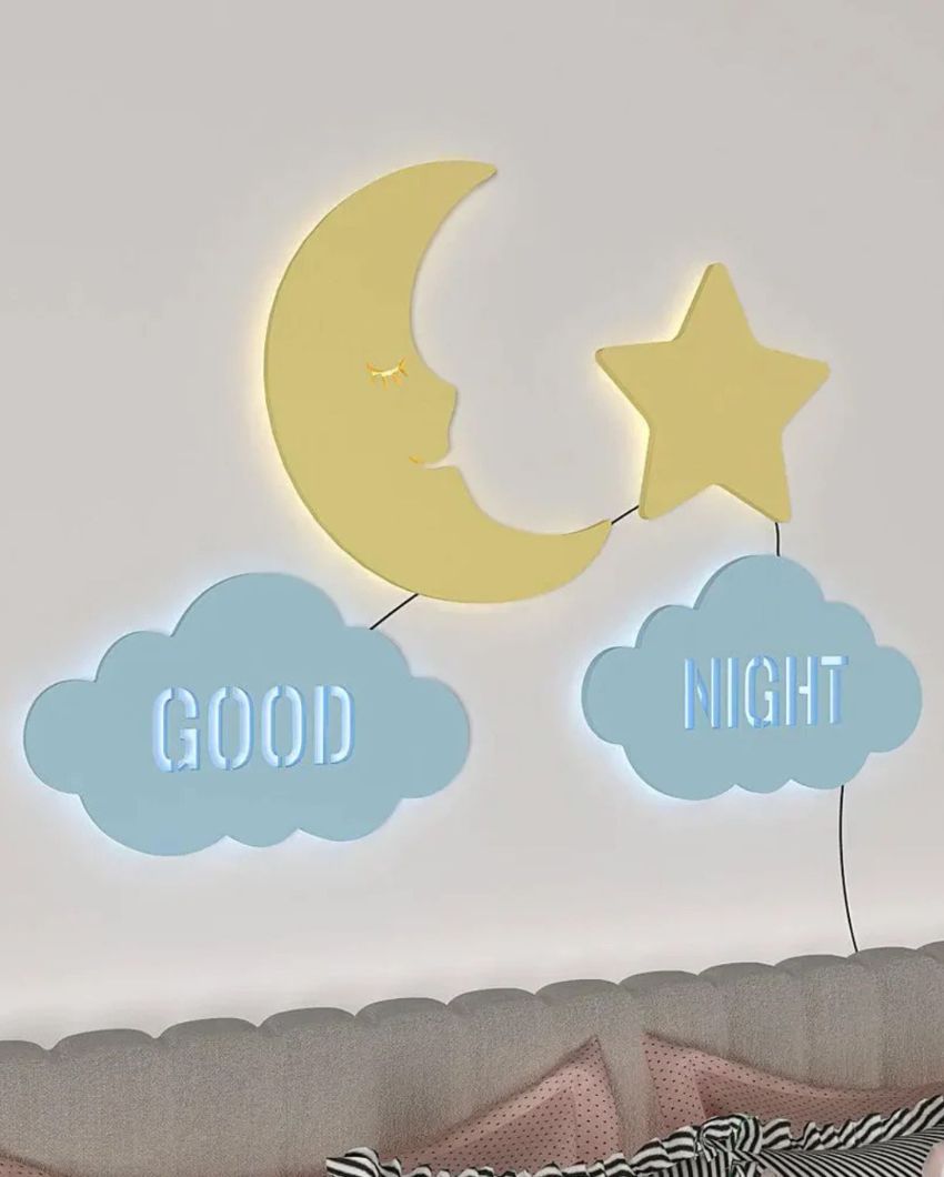 Good Night Moon & Star Wooden Wall Backlit For Kids Room Decor