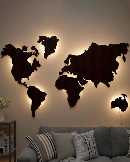 World Map Golden Backlit Wood Light Decorative Wall Art With Walnut Finish