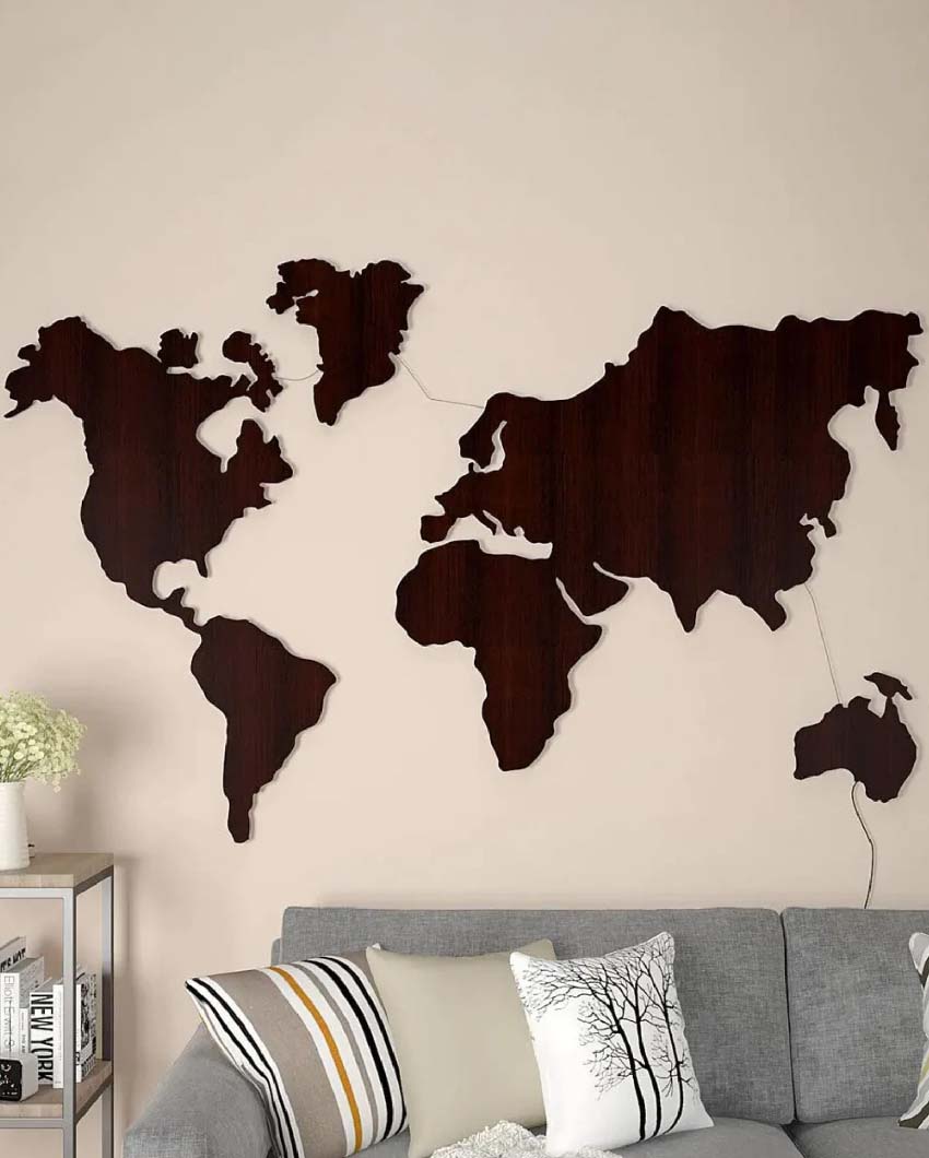 World Map Golden Backlit Wood Light Decorative Wall Art With Walnut Finish