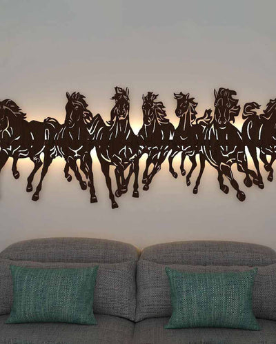 Illuminated Art Seven Horses Golden Backlit Decorative Wooden Wall Hanging