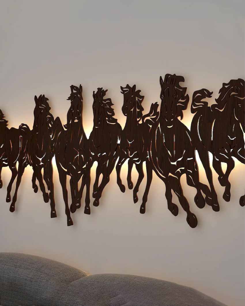 Illuminated Art Seven Horses Golden Backlit Decorative Wooden Wall Hanging