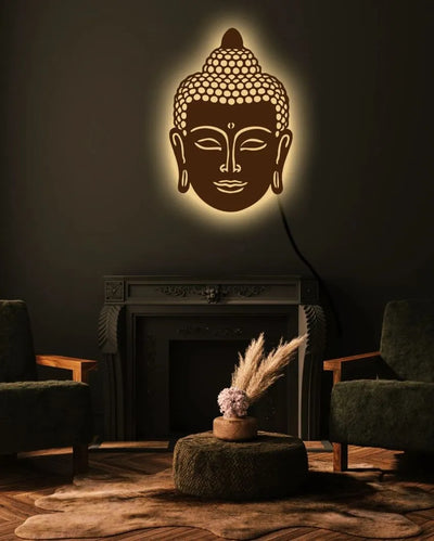 Meditation Lord Buddha Wooden Led Backlit For Home And Office Decor 18 Inches