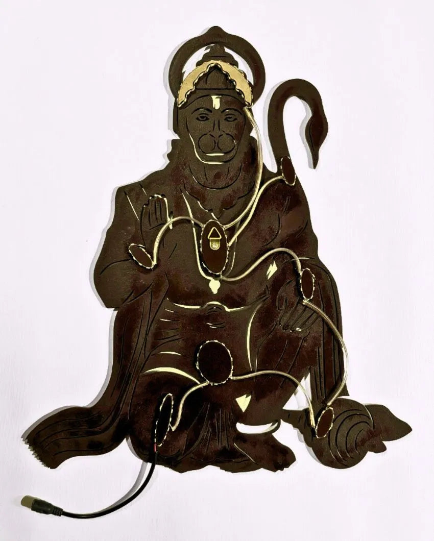 Lord Hanuman Ji Wooden Brown Led Backlit For Home Office And Mandir Decoration 18 Inches