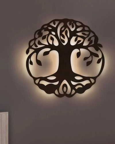 Round Shape Tree Of Life Wooden Brown Led Backlit For Home And Office Decor 18 Inches