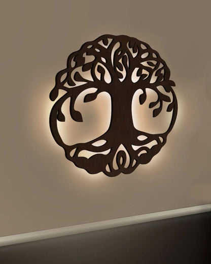 Round Shape Tree Of Life Wooden Brown Led Backlit For Home And Office Decor 18 Inches