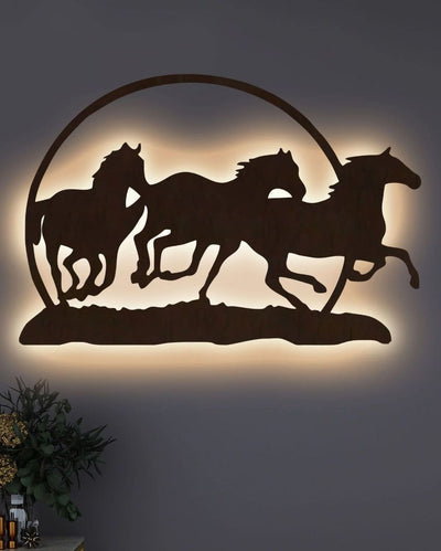 Three Running Horses Wooden Brown Led Backlit For Home And Office Decor 12 Inches