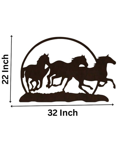 Three Running Horses Wooden Brown Led Backlit For Home And Office Decor 22 Inches