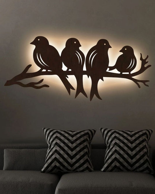 Wooden Birds On Branch Wall Decorative Led Backlit For Home And Office Decor 12 Inches