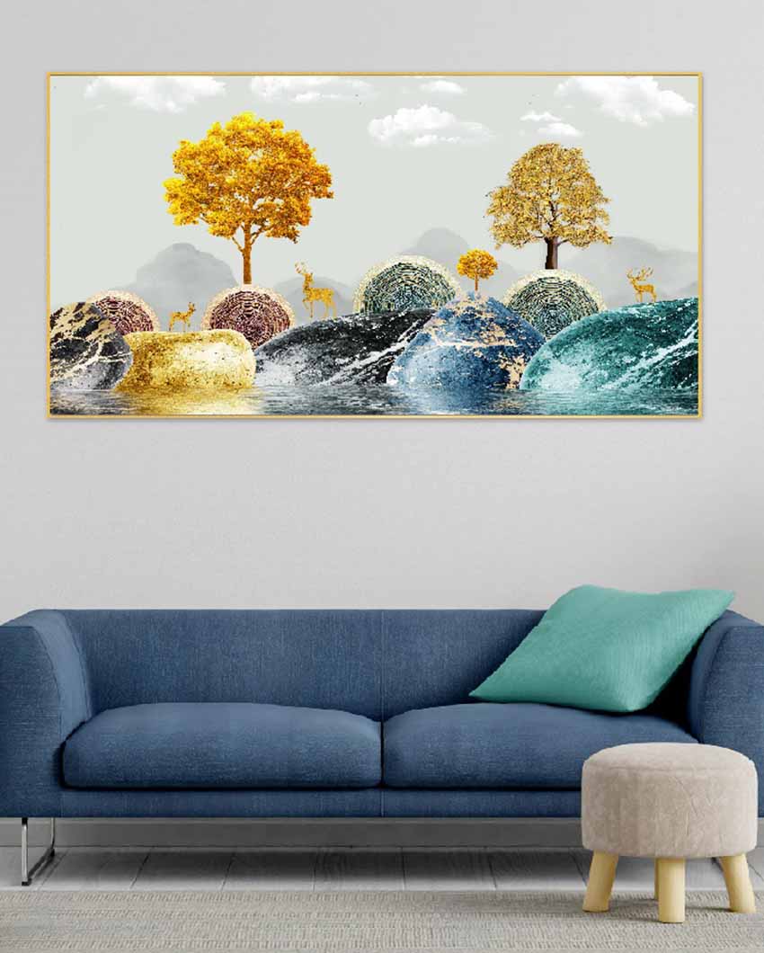 Radiant Arboreal Reverie Golden Trees Floating Framed Canvas Wall Painting 24 X 12 Inches