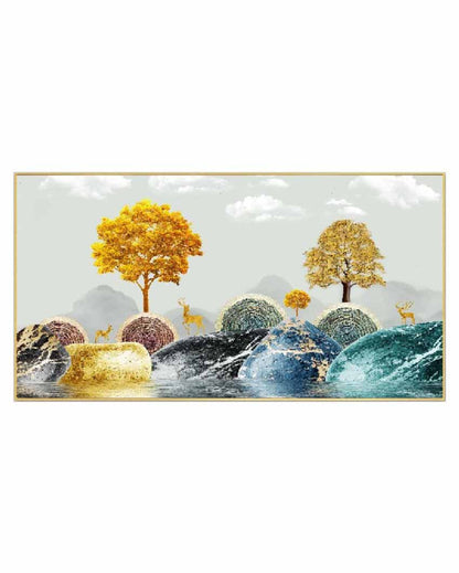 Radiant Arboreal Reverie Golden Trees Floating Framed Canvas Wall Painting 24 X 12 Inches