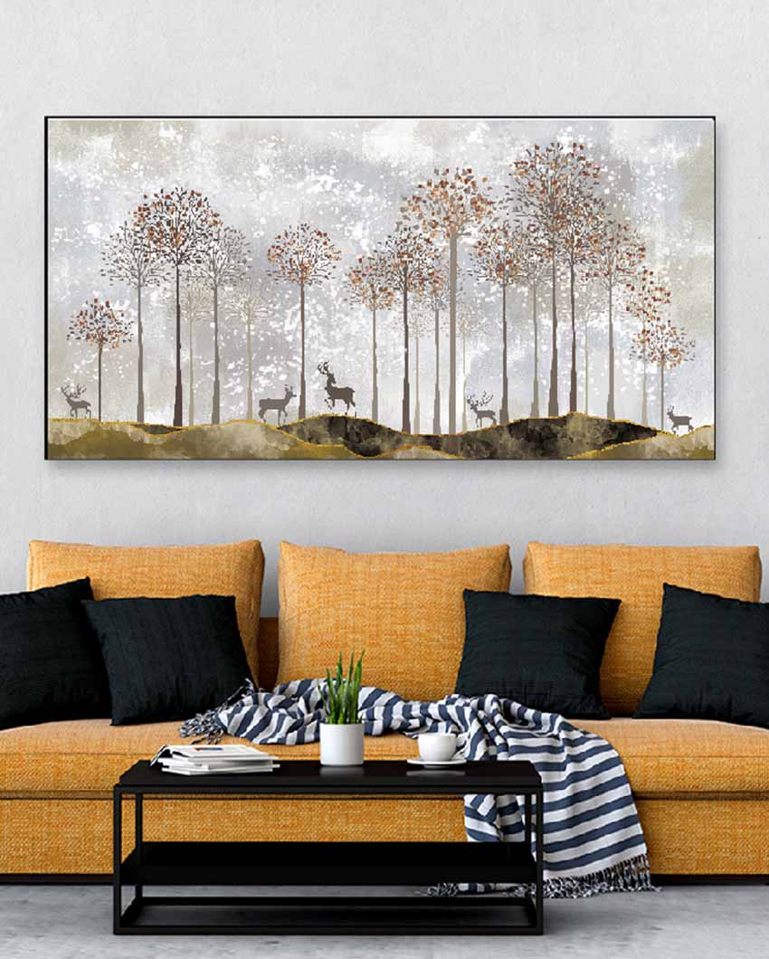 Golden Tranquility Modern Canvas Tree & Deer Frame Wall Painting 24 X 12 Inches