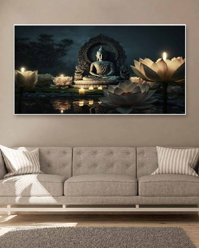 Lord Buddha Meditating In Lotus Frame Canvas Wall Painting 24 X 12 Inches