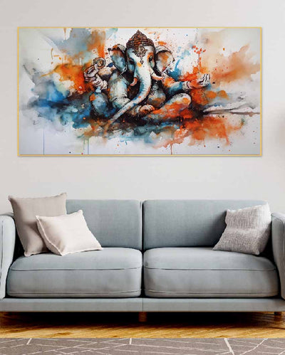 Blessings Lord Ganesh Canvas Floating Framed Wall Painting 24 X 12 Inches