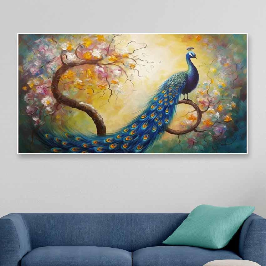 Nature & Beautiful Peacock Canvas Wall Painting | 24 x 12 inches , 36 x 18 inches & 48 x 24 inches