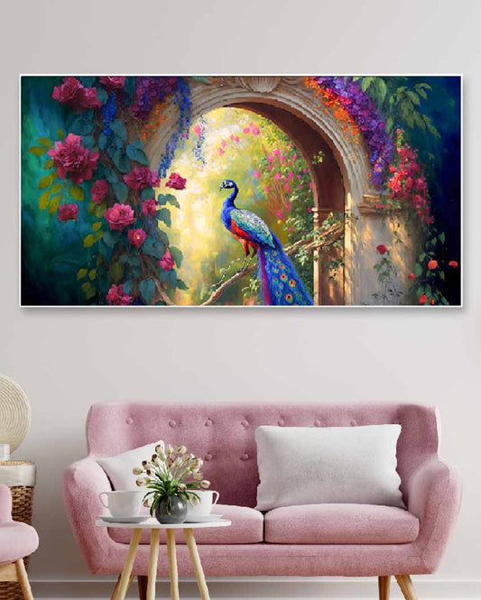Nature & Elegance Peacock Canvas Floating Framed Wall Painting 24 X 12 Inches