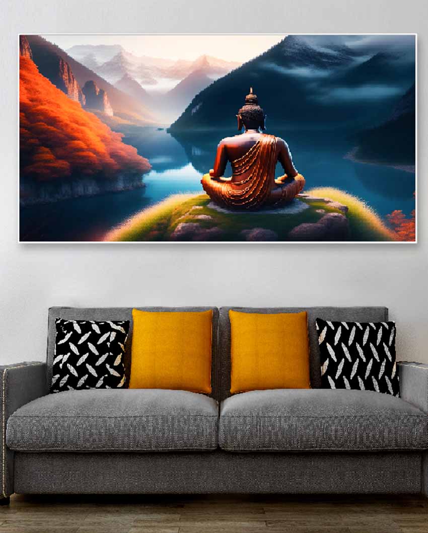 Buddha Sitting & Lake Floating Frame Canvas Wall Painting 24 X 12 Inches