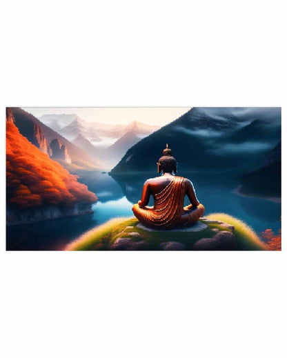 Buddha Sitting & Lake Floating Frame Canvas Wall Painting 24 X 12 Inches
