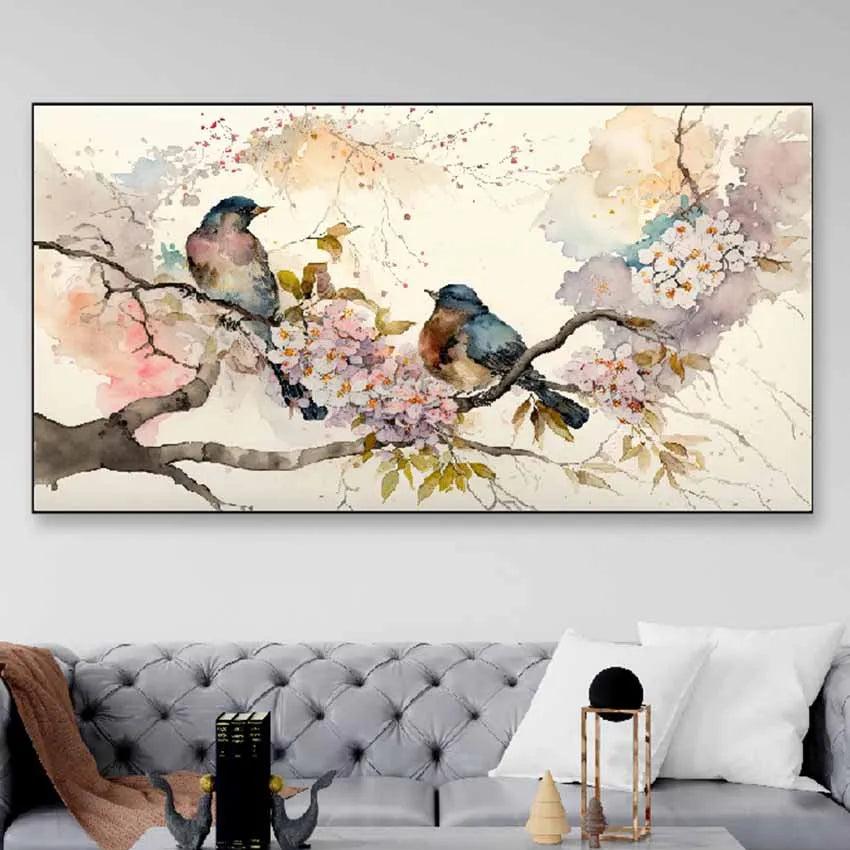 Colorful Birds & Flower Floating Frame Canvas Wall Painting 24 X 12 Inches