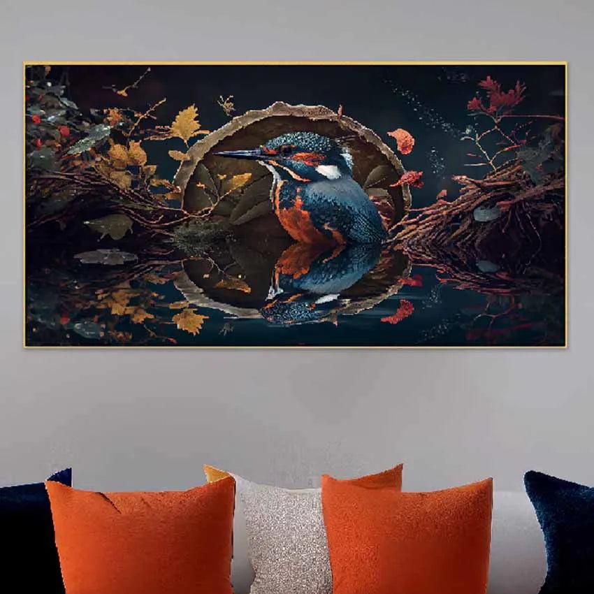 Beautiful Kingfisher Bird Floating Frame Canvas Wall Painting 24 X 12 Inches