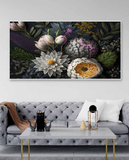 Dark Background Leaves & White Flowers Floating Frame Canvas Wall Painting | 24 x 12 inches , 36 x 18 inches & 48 x 24 inches