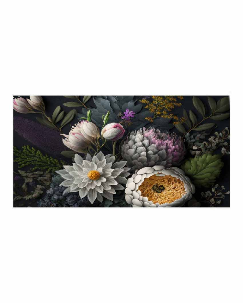 Leaves & White Flowers Dark Background Floating Frame Canvas Wall Painting 24 X 12 Inches