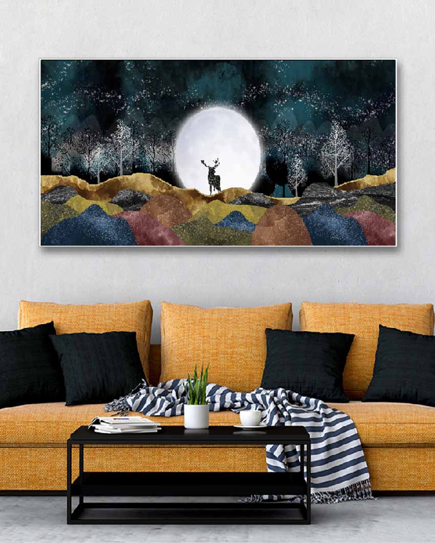 Deer In Moonlight Forest Floating Frame Canvas Wall Art Painting 24 X 12 Inches