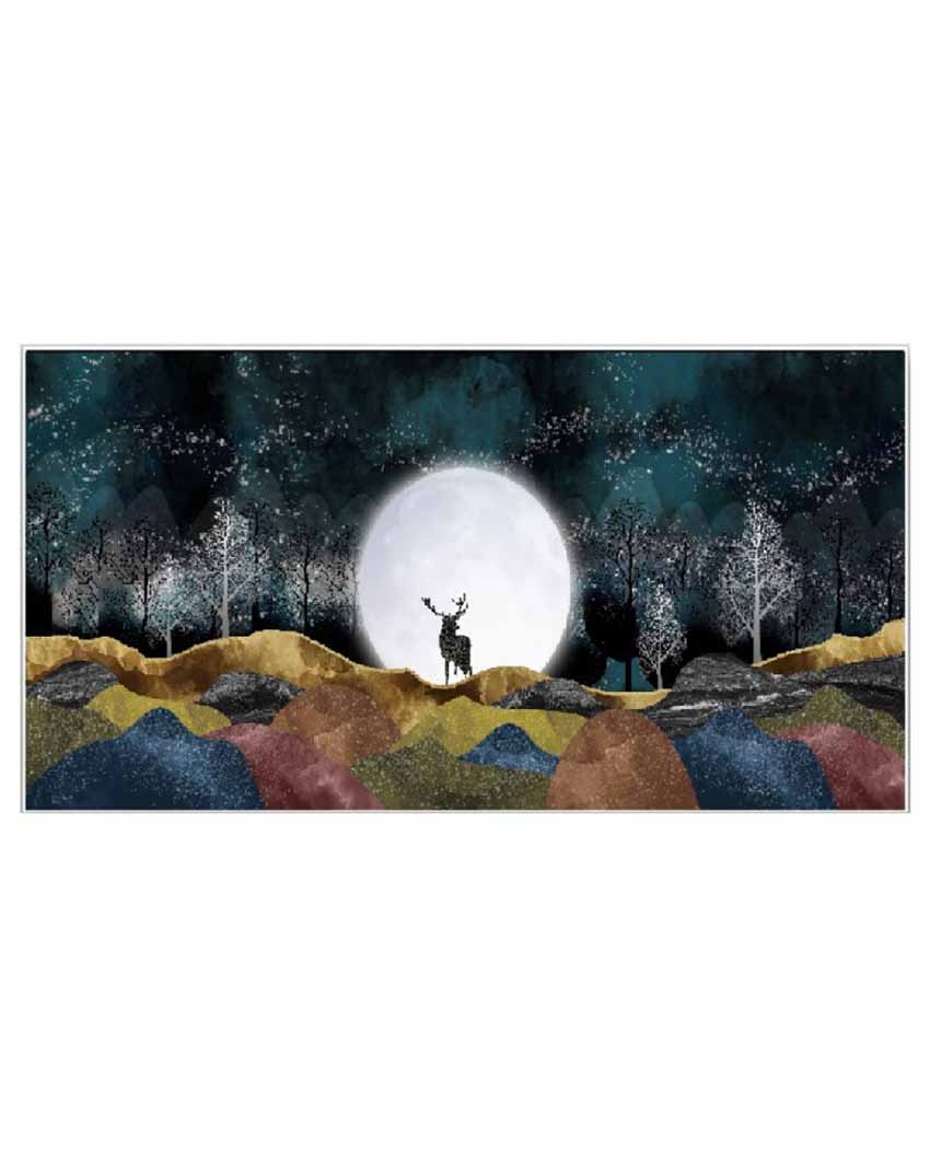 Deer In Moonlight Forest Floating Frame Canvas Wall Art Painting 24 X 12 Inches