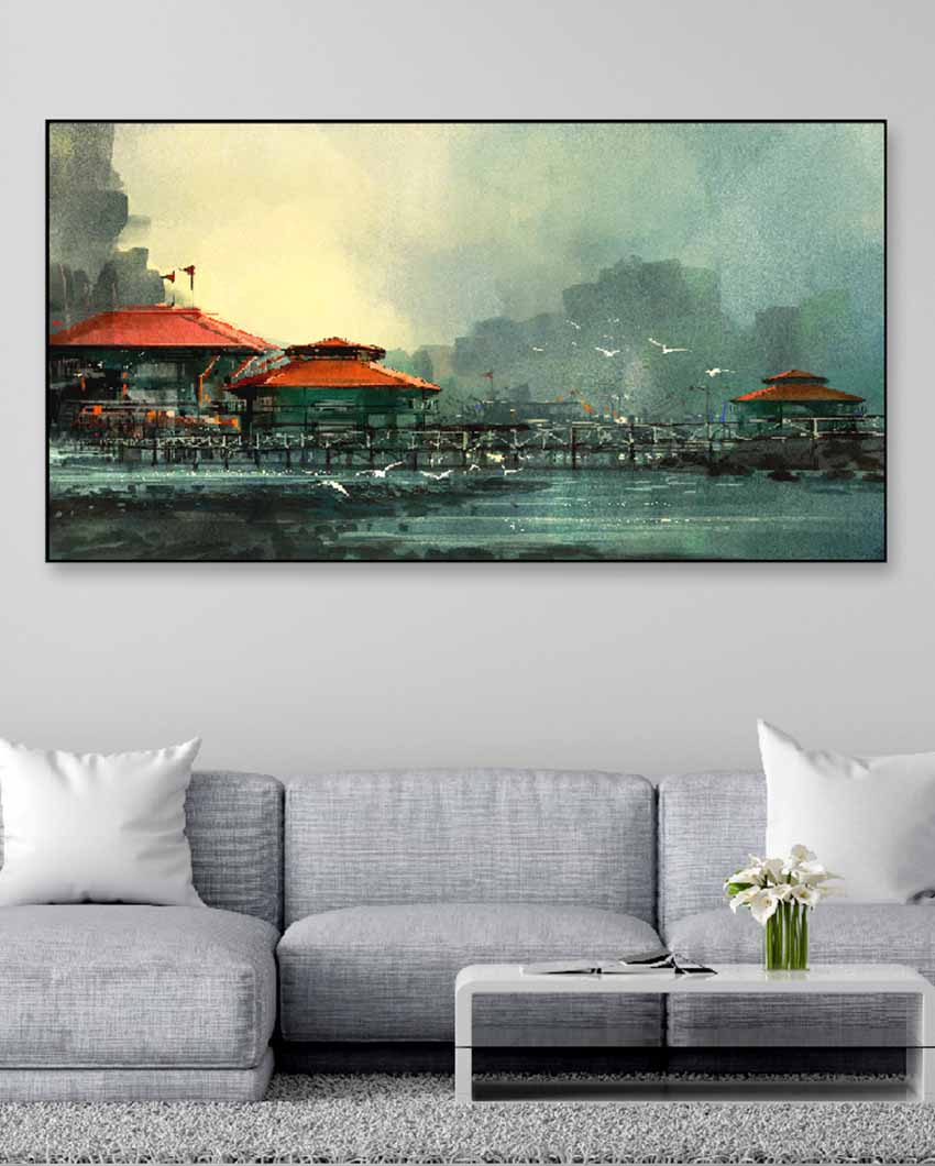 Beautiful Harbor Fishing Village Floating Frame Canvas Wall Painting 24 X 12 Inches