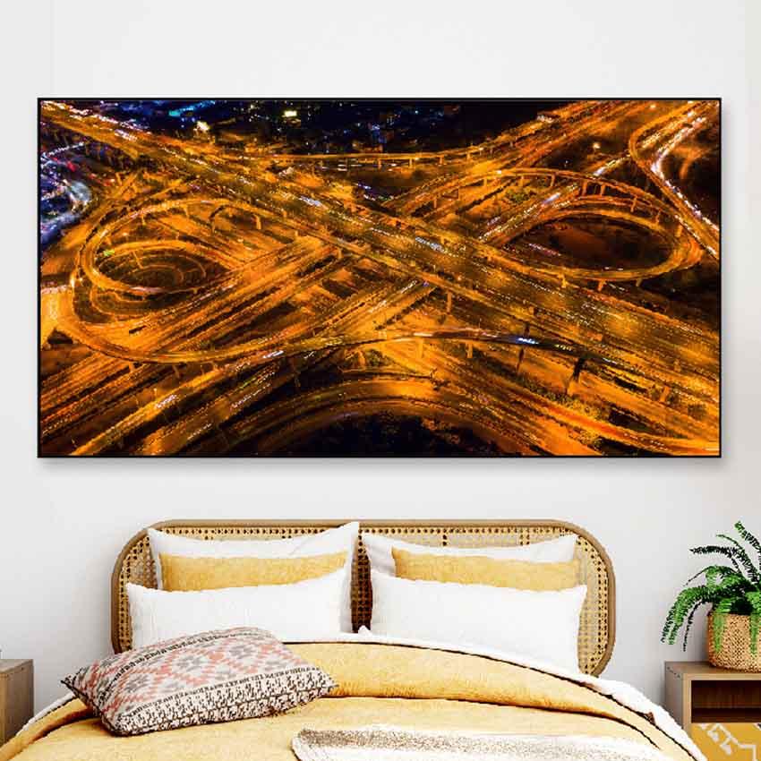 Aerial View Of Traffic At Night Floating Frame Canvas Wall Painting 24 X 12 Inches