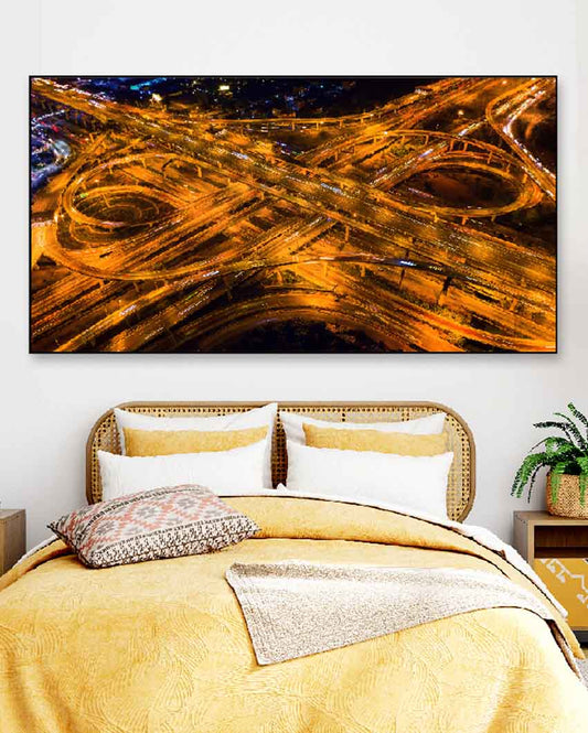 Aerial View Of Traffic At Night Floating Frame Canvas Wall Painting 24 X 12 Inches