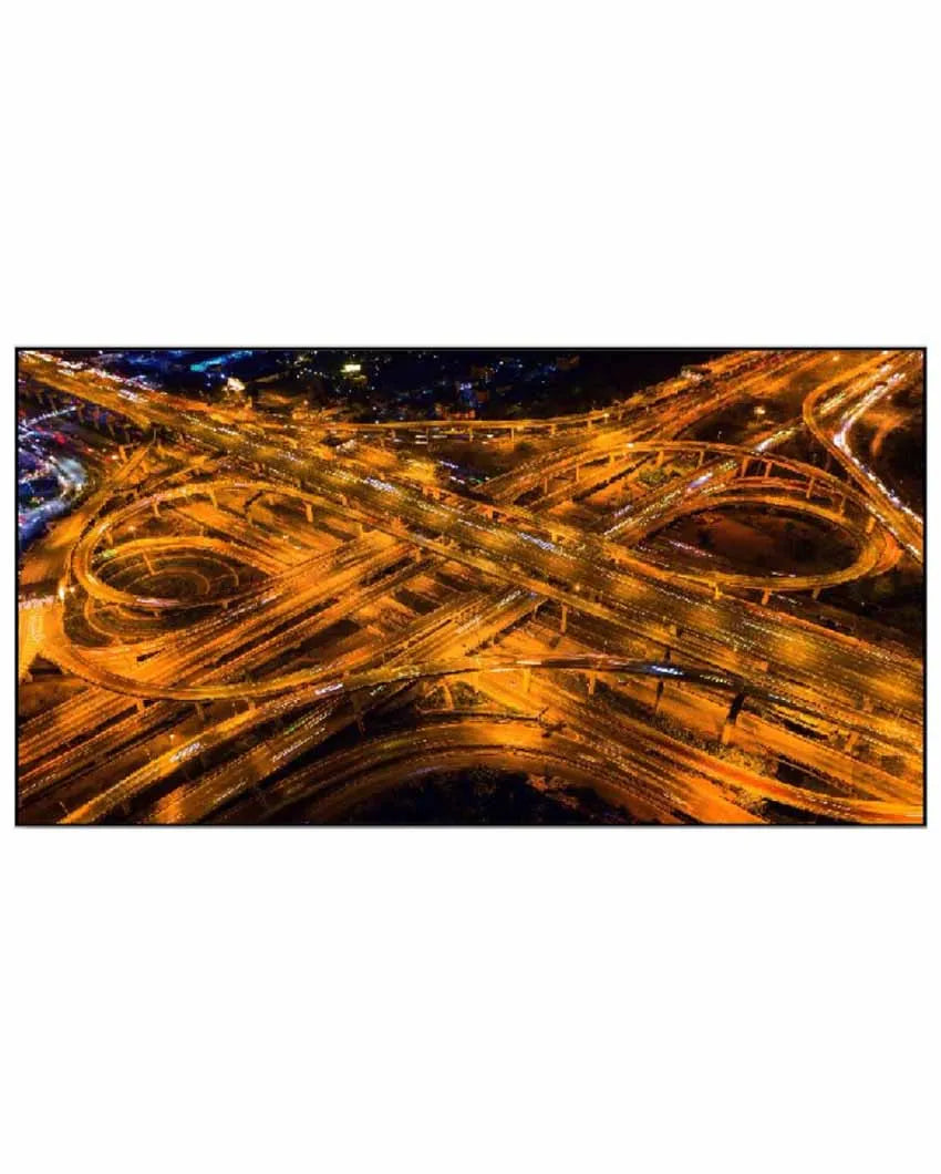 Aerial View Of Traffic At Night Floating Frame Canvas Wall Painting 24 X 12 Inches