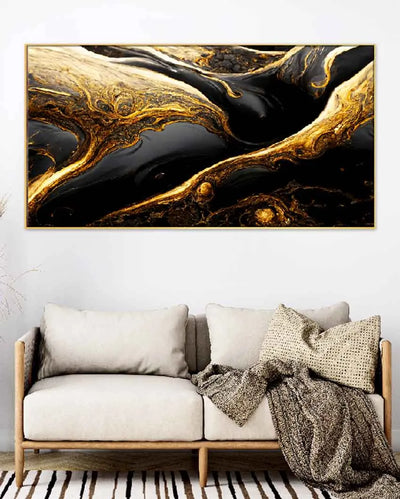 Abstract Deco In Black & Gold Design Floating Frame Canvas Wall Painting 24 X 12 Inches