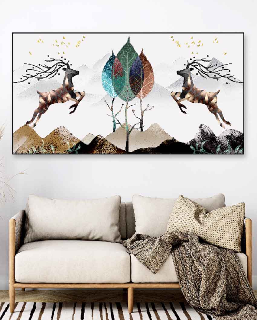 Two Deer Modern Art Floating Frame Canvas Wall Painting 24 X 12 Inches