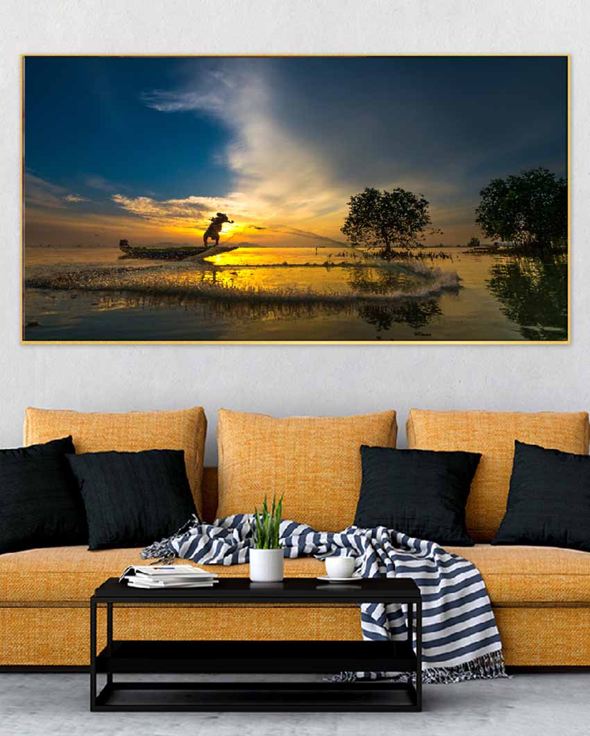 Beautiful Sunset River View Floating Frame Canvas Print Wall Painting 24 X 12 Inches