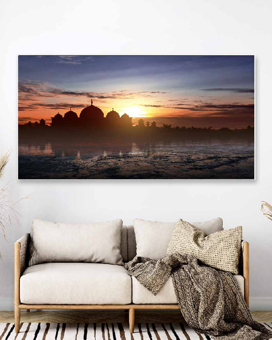 Sunset Evening View & Mosque Floating Frame Canvas Print Wall Painting 24 X 12 Inches