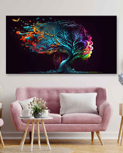 Colorful Splash Tree in Black Background Floating Frame Canvas Wall Painting 24 X 12 Inches