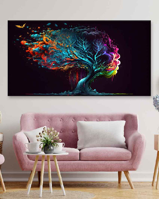 Colorful Splash Tree in Black Background Floating Frame Canvas Wall Painting 24 X 12 Inches