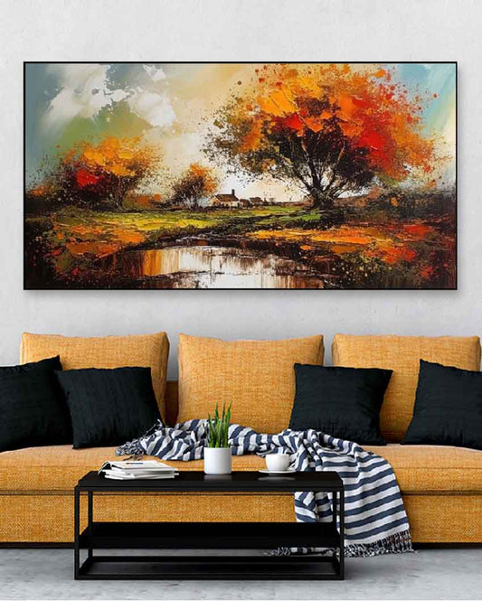Tree Forest River Floating Frame Landscape Canvas Wall Painting 24 X 12 Inches