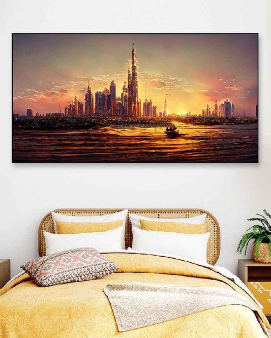Dubai City Center Floating Frame Landscape Canvas Wall Painting 24 X 12 Inches