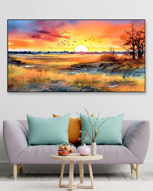 Beautiful Sunset Floating Frame Landscape Canvas Wall Painting 24 X 12 Inches