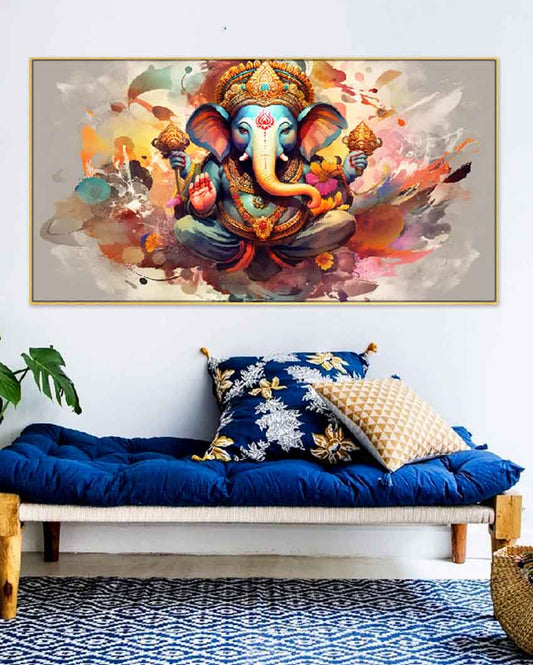 Vighnaharta Lord Ganesha Floating Frame Canvas Wall Painting 24 X 12 Inches