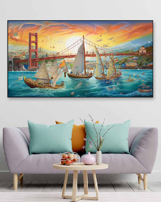 Golden Gate Bridge Floating Frame Landscape Canvas Wall Painting 24 X 12 Inches