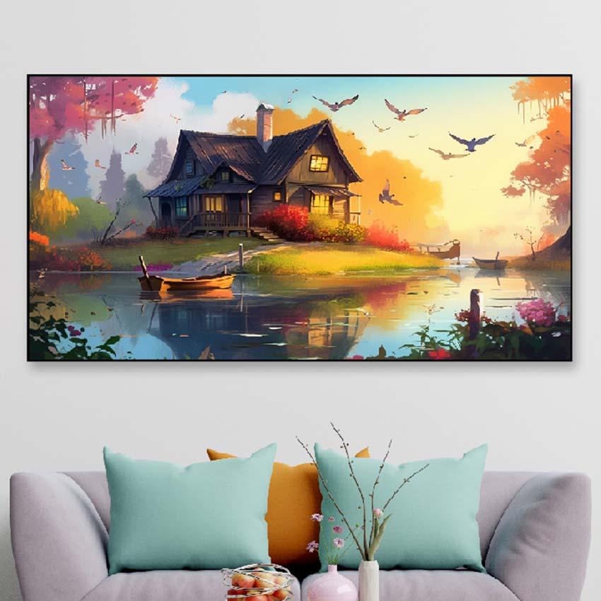 Beautiful House On The Lake Floating Frame Canvas Wall Painting 24 X 12 Inches